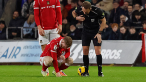 Phil Parkinson has confirmed Lewis O’Brien has dislocated his shoulder and sustained a knee injury following a late challenge in the second half. Credit: @Wrexham_AFC X
