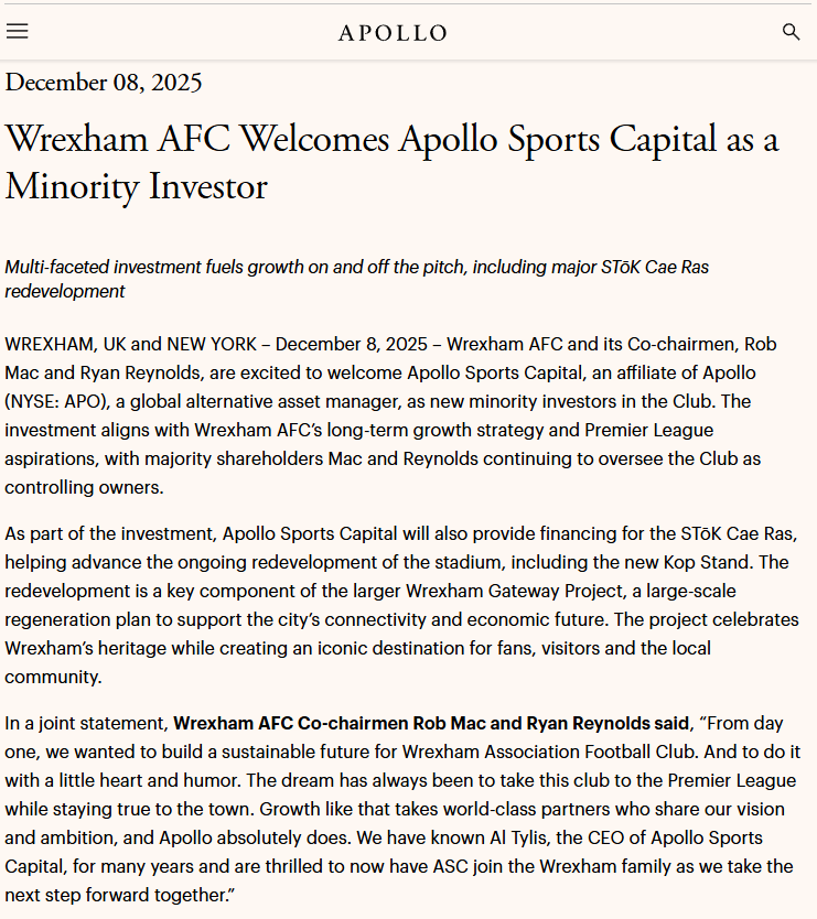 Wrexham AFC Welcomes Apollo Sports Capital as a Minority Investor. Credit - Apollo.com