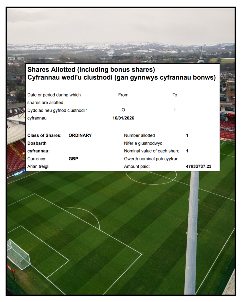 £47.8m share transaction confirmed in latest Wrexham Companies House filing