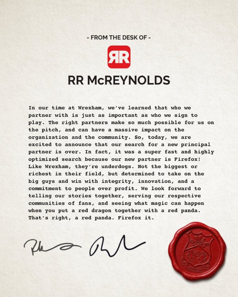 The letter from Rob and Ryan. Credit: Wrexham AFC