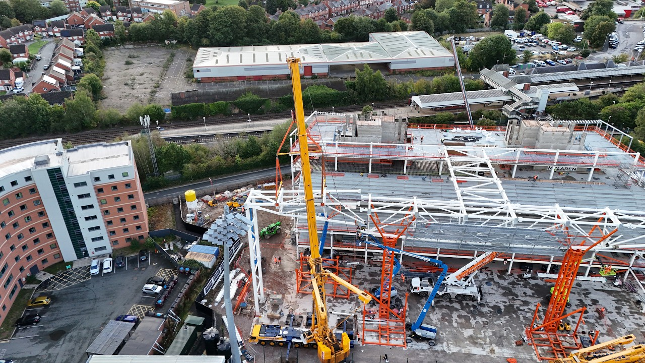 The final section of the huge Kop roof truss has been lifted into place. Credit: Roberts and Daughter